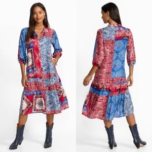 Johnny Was Cornelia Dress Floral Patchwork 100% Silk Full Button Front XS NWT